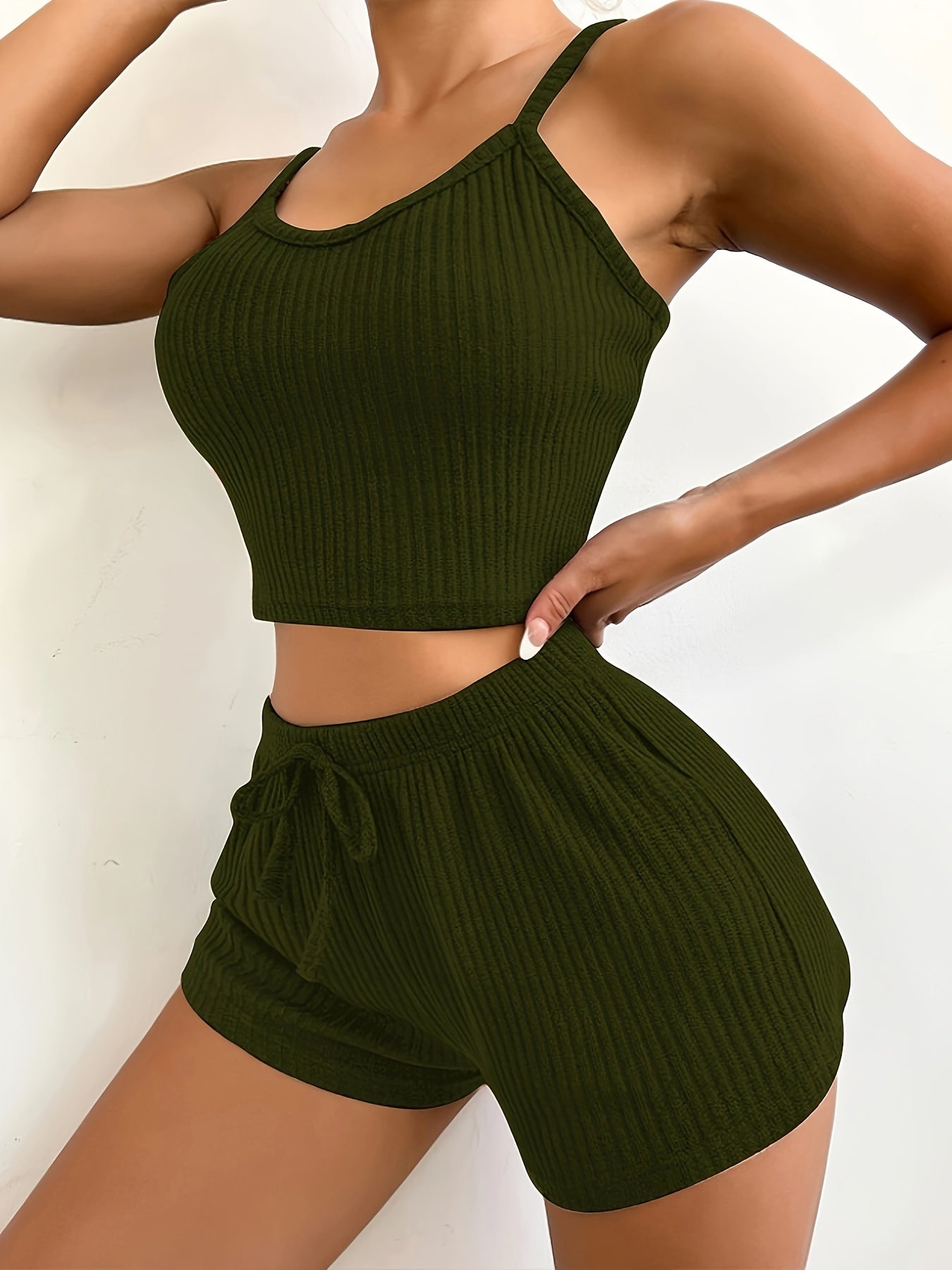 Solid Ribbed Slim Fit Lounge Set, Casual Round Neck Crop Cami Top & Drawstring Shorts, Women's Loungewear